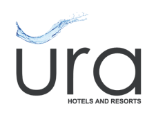 Logo de "ura Hotels and Resorts" con una ola de agua azul encima.